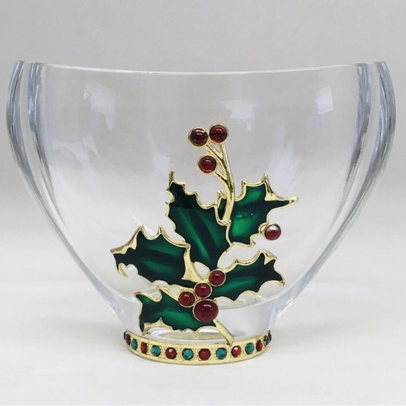 Bohemian Czech Lead Crystal Teleflora Jeweled Enameled Christmas Holly Vase - Picture 5 of 6